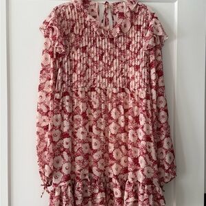 Free People Floral Pintuck Ruffle Long Sleeve Dress - Pink & Burgundy